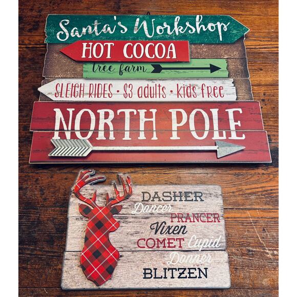 Set of 2 Rustic Wooden Winter Christmas Signs - Santa’s Workshop and Reindeer - Picture 2 of 8